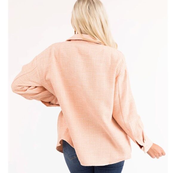 Andree Oversized Pearl Button Down Tweed Shacket Peach M - Picture 3 of 13